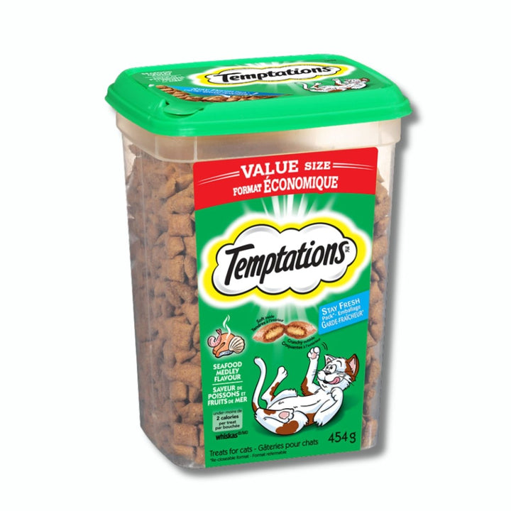 Whiskas Temptations Tub (454g) - Seafood, Chicken & Beef Flavours - Pet Supply